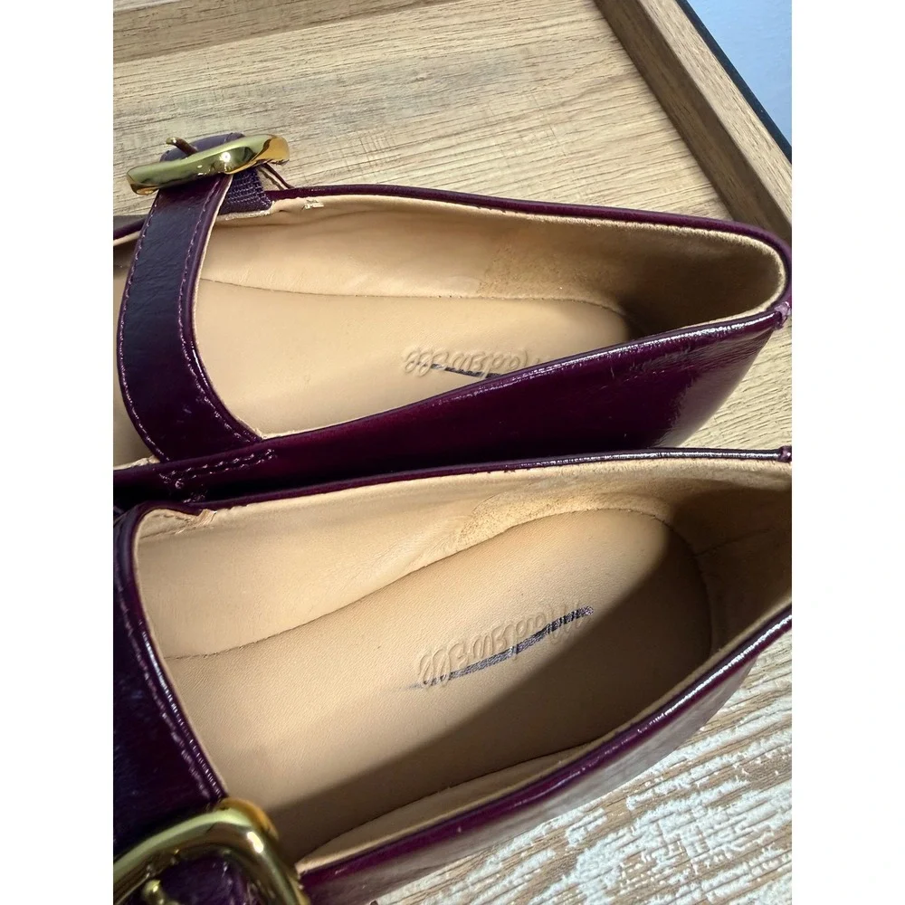 Madewell Burgundy Patent Leather Mary Jane Flats with Gold Buckle